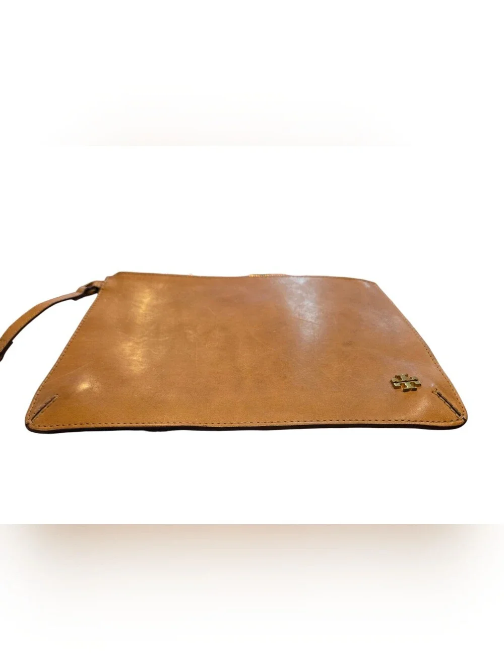 Tory Burch Distressed Leather Zip Pouch Minimalist Design with Signature Emblem
